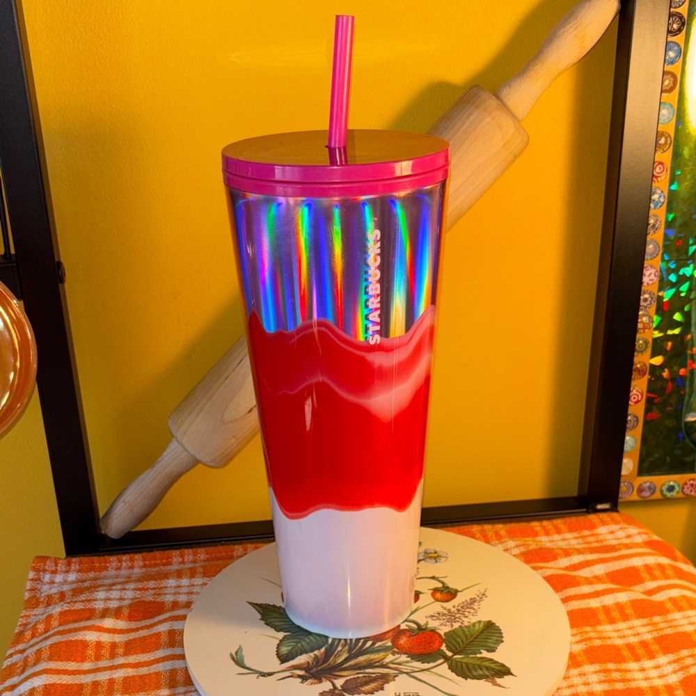 Starbucks Iridescent Tumbler with Red and White Waves Holiday 2020